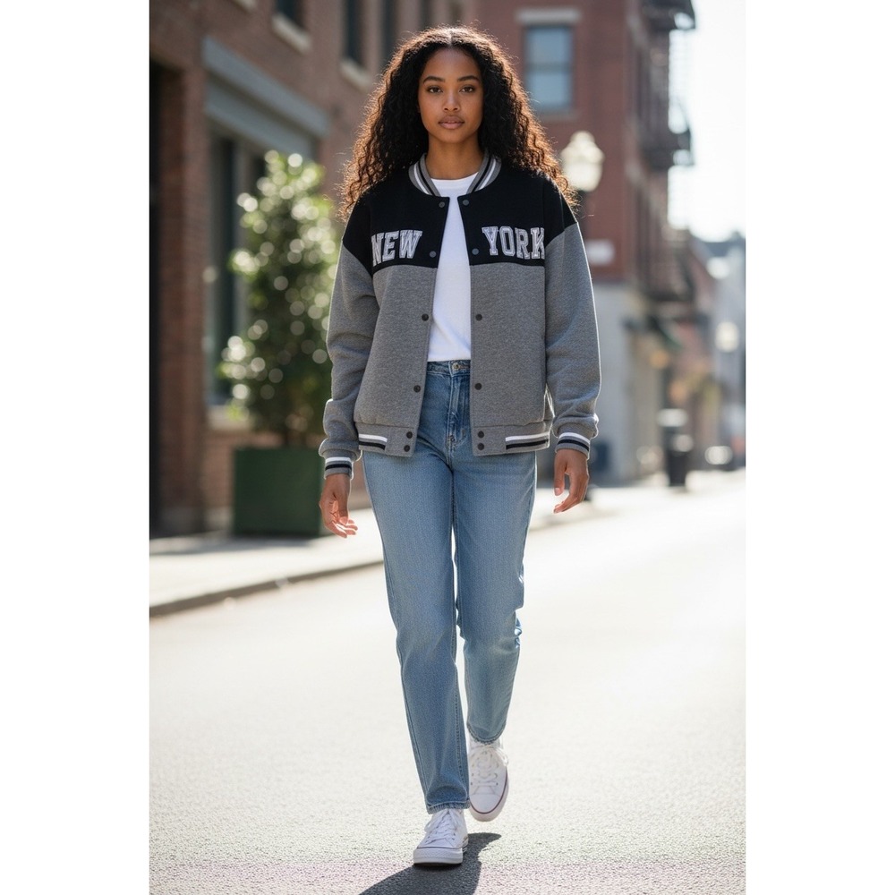 B Free New York Varsity Bomber Jacket Womens XL Gray Black‎ Collegiate Athletic